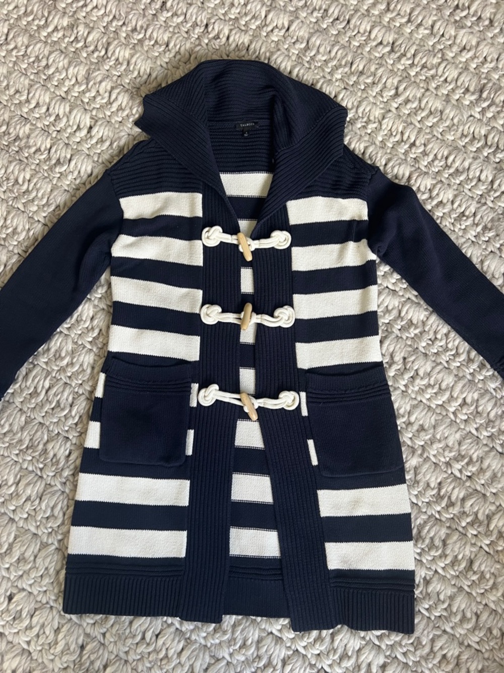 Talbots Navy and White Striped Toggle Cardigan Sweater